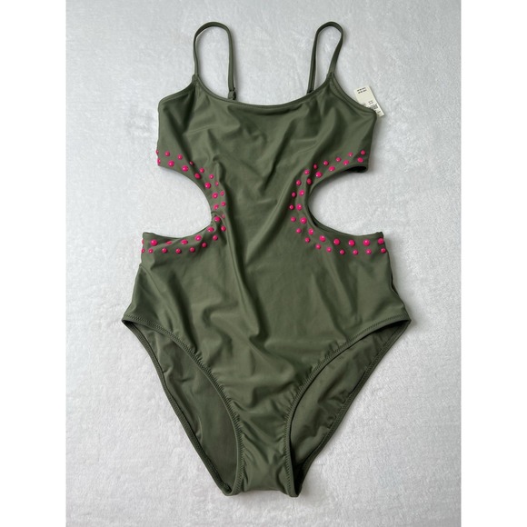 Aerie Womens Cut Out Full Coverage One Piece Olive Green Swimsuit Bathing Suit M - Picture 3 of 9